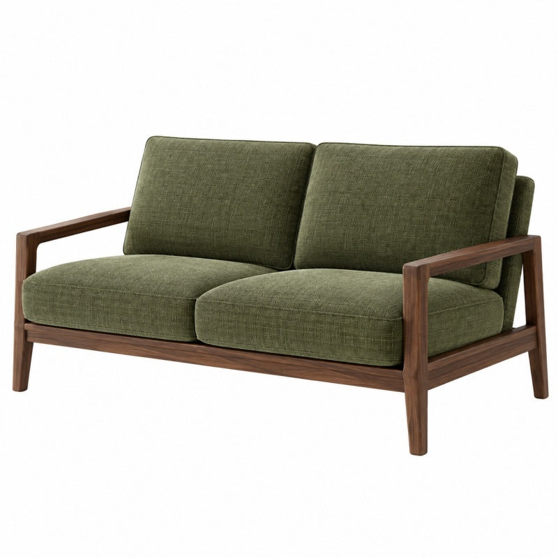 Sofa dwuosobowa 130 x 75 x 80 cm z tkaniny oliwkowa z drewnianą ramą - styl retro