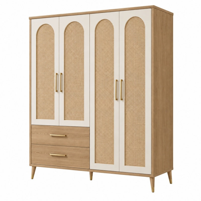 Szafa 160 x 55 x 190 cm z plecionką rattanową beżowa w stylu retro do przechowywania odzieży