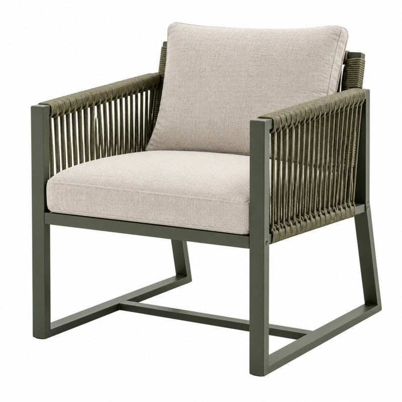 Fotel ogrodowy 75 x 75 x 80 cm z metalową ramą i plecionymi bokami oliwkowo-beżowy