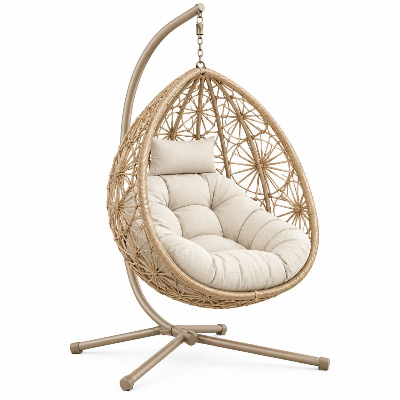 Fotel wiszący 105 x 105 x 195 cm beżowy z plecionki rattanowej ze stalowym stelażem boho