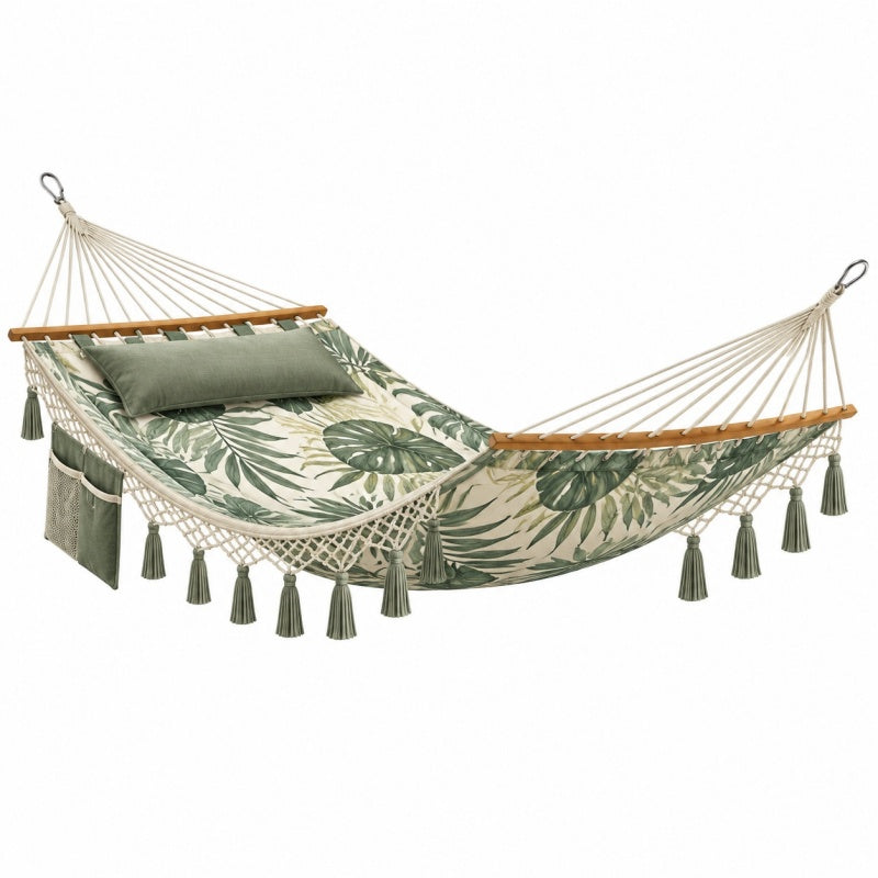 Hamak ogrodowy 300 x 150 cm bawełniany zielono-kremowy z drążkami w stylu boho
